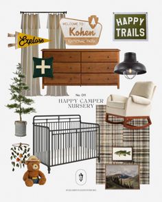 a collage of furniture and decor with the words happy camper nursery