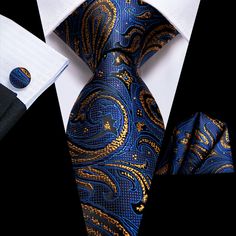 Blue Golden Paisley silk Necktie Pocket Square Cufflinks Set – ties2you Gold Suit, Gold Paisley, Necktie Set, Gold Tie, Mens Silk Ties, Ties For Men, Tie Design, Cufflink Set, Groom Outfit