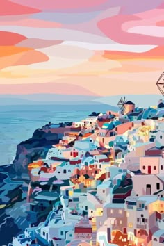 a painting of a town on the edge of a cliff overlooking the ocean at sunset