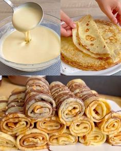 there are two pictures with different types of food on the same plate and one has pancakes