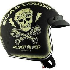 a motorcycle helmet with a skull and crossbones on the front, says road lord's hell bent on speed