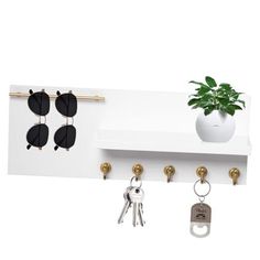 a white shelf with keys and sunglasses hanging from it's hooks next to a potted plant