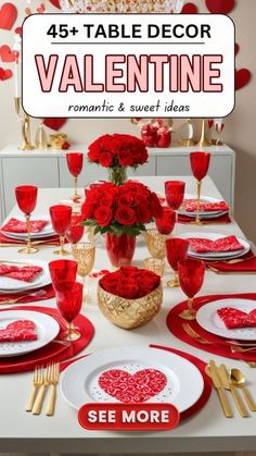 valentine's day table decor with red roses and hearts