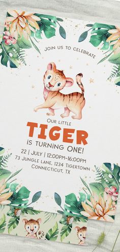 a tiger birthday party flyer with flowers and leaves on the front, featuring an image of a baby tiger