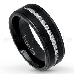 Model# - TM587 ~Clear Cubic Zirconia Eternity Band~ 8mm Black Ion Plated Matte Finish Comfort Fit Beveled Edge Titanium Wedding Ring. Contemporary Wedding Band. Mens and Womens Engagement Ring, Anniversary Band, Gemstone Ring.   OUR TITANIUM RINGS *Super comfort fit and true to size. *Extremely bio-compatible and hypoallergenic *Lightweight and Super Comfort Fit Wedding Bands *Although has a great tensile strength, will scratch & show wear over time *Titanium has a natural DARK GRAY color.  -(Yellow, Rose, Black or White Titanium are ALL PLATED)       ***WE ALSO OFFER ENGRAVING SERVICES*** https://www.ebay.com/itm/Quality-Custom-Laser-Engraving-/181410283883?         *We ship globally using Ebay Global Shipping Program. *We only use USPS and UPS for shipping our items. *USPS first class is Black Titanium Jewelry With Polished Finish, Black Titanium Wedding Band, Mens Black Titanium Wedding Band, Mens Black Titanium Necklace, Carbon Fiber Wedding Band, Comfort Fit Wedding Band, Titanium Wedding Rings, Titanium Wedding Band, Dark Grey Color