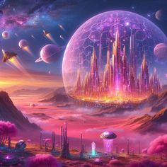 a futuristic city surrounded by mountains and planets in the sky, with colorful lights shining on them