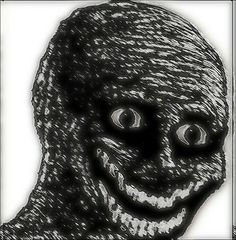 a black and white drawing of a creepy looking person with eyes wide open in front of the camera