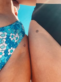 Sun, moon,tattoo,swimsuits, hip Dainty Tattoos For Friends, Pair Tattoos, Partner Tattoos, Maching Tattoos, Twin Tattoos, Matching Friend Tattoos, Cute Matching Tattoos, Small Matching Tattoos, Small Girly Tattoos