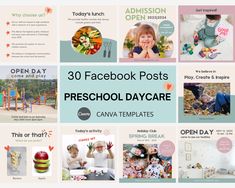 a series of photos with the words 30 facebook posts preschool day care and carnival templates