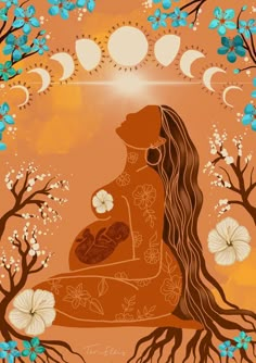 a pregnant woman sitting on the ground surrounded by flowers and trees with crescents in the background