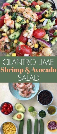 the shrimp and avocado salad is ready to be eaten