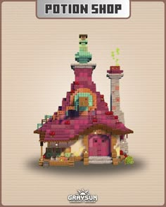 an image of a small pink house made out of pixelons with the words potton shop on it