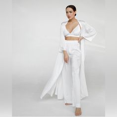 Measurements: Bust - 36 Inch(92 Cm), Bust Length - 10 Inch (26 Cm (Not Include The Length Under The Bust Belt) Waist - 29 Inch (76 Cm) Hips - 35 Inch (90 Cm) Sleeves Length - 20 Inch (52 Cm) Pant Outseam - 42 Inch (106 Cm) White Silk Long Sleeve Sets, Elegant Fitted Sets For Night, Elegant Fitted Night Sets, Elegant Night Sets, Silk Sets For Daywear, Elegant Fitted Loungewear Sets, White Pajama Party Sets With Long Pants, White Long Pants Sets For Pajama Party, White Long Pants Pajama Party Sets