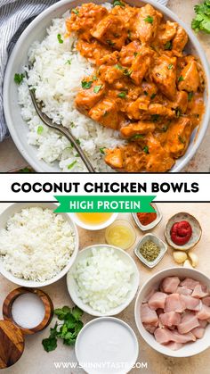 two pictures showing the ingredients for coconut chicken bowls