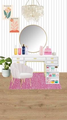 a desk with a chair, mirror and other items on top of it in front of a striped wall