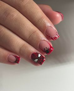 Spider Man Nail Art Designs, Spider Man Nails Designs, Gel Nail Designs Spiderman, Spiderman Nails French Tip, Square Spiderman Nails, Square Nails Spiderman, Spiderman Nails Designs Easy, Short Nails Ideas Spiderman, Spider Man Almond Nails