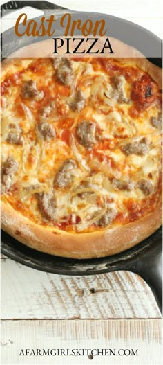 a pizza sitting on top of a pan covered in cheese and meats with the words cast iron pizza above it