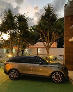 a car is parked in front of some trees and bushes at night with lights on