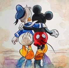 two mickey mouses are hugging each other in watercolor and ink, with one holding the other's head