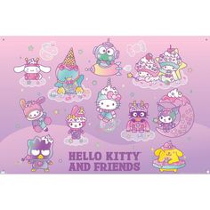 hello kitty and friends wallpaper with cartoon characters in the background, including an owl, cat