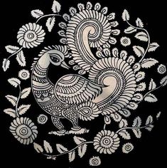 a black and white bird with flowers on it's back ground, in the middle of an intricately designed design