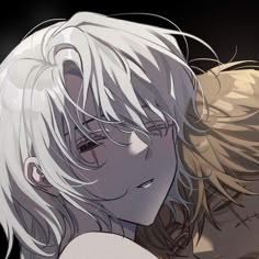 two anime characters are hugging each other in front of a black background with white hair