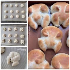 there are several different types of pastries in the baking pans, including pretzels and doughnuts