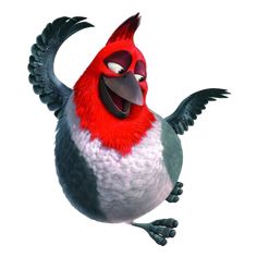 an angry bird with its mouth open and tongue out, standing in front of a white background