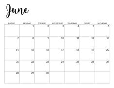 june calendar with the word june written in black ink on a white background, it's monday