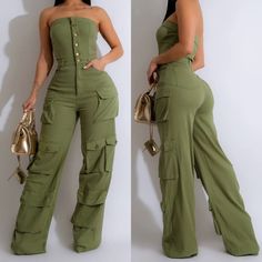 Brand New Green Outfits For Women Casual, Cargo Jumpsuit Outfit, Green Outfit Ideas For Women, Tessa Outfits, Beach Wear For Ladies, Dark Green Outfits, Cute Jumpsuit Outfits, Green Jumpsuit Outfit, Fem Outfit Ideas