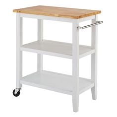 a white kitchen cart with a wooden top