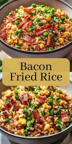 bacon fried rice with peas in a bowl