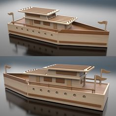 two wooden models of a boat on water