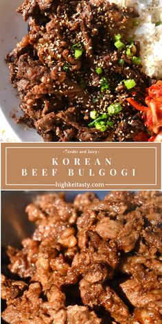 beef and rice in a white bowl with the words ketchup be brugogi above it