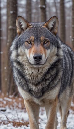 a wolf standing in the middle of a forest with snow on it's ground