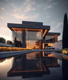 a house with a pool in front of it at sunset or sunrise, as seen from across the street