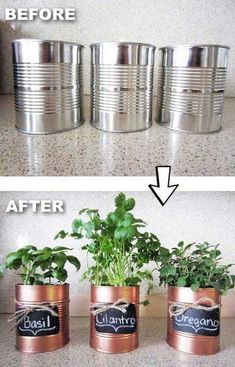 two tin can planters with plants in them and the words paint your apartment into one