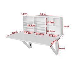 a white desk with shelves and measurements for each shelf