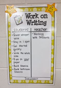 a poster on the wall that says work on writing and has yellow stars above it