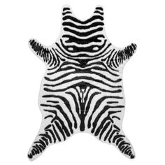 a black and white zebra print area rug on a white background with the shape of an animal's head