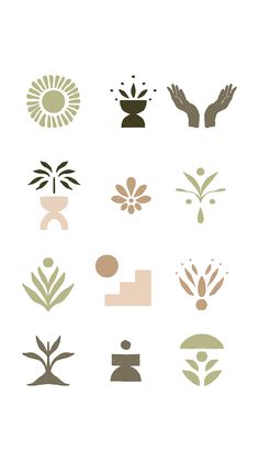 the different types of plants are shown in this graphic design style, including hands and flowers