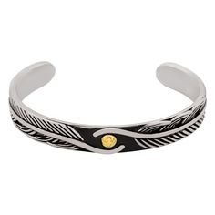 PRICES MAY VARY. NATIVE AMERICAN-INSPIRED DESIGN: This stainless steel cuff bracelet features a detailed feather motif, symbolizing trust, honor, strength, wisdom, power, and freedom in Native American culture. PREMIUM STAINLESS STEEL: Crafted from high-grade stainless steel for lasting durability, the bracelet is accentuated with a beautiful gold-tone band, creating an elegant two-tone effect. ADJUSTABLE AND COMFORTABLE FIT: The open cuff design allows for easy size adjustment to fit most wrist Feather Cuff Bracelet, Native American Feathers, Feather Cuff, Cuff Design, Feather Bracelet, Meaningful Jewelry, American Culture, Native American Culture, Bracelet Jewelry