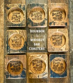 six wooden coasters with whiskey labels on them