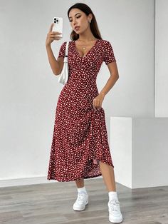 Ladies' V-Neck Ditsy Floral Short Sleeve Casual Summer Dress (Random Cut) Maxi Women Outfit Multicolor Casual  Short Sleeve Knitted Fabric Plants,All Over Print A Line High Stretch  Women Clothing, size features are:Bust: ,Length: ,Sleeve Length: Fabric Plants, Shirred Waist Dress, Tie Front Dress, Women Midi, Women Maxi, Sleeve Dresses, Floral Short, Vestido Casual, Casual Summer Dresses