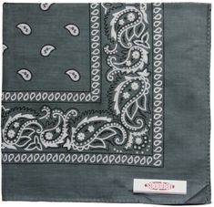 a gray bandanna with white and black paisley designs on it's edges,