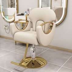 a white chair sitting in front of a mirror on top of a tiled floor next to a hair dryer