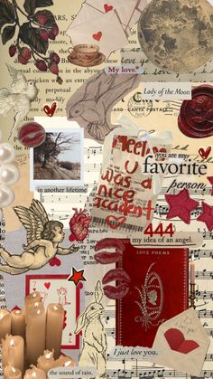 a collage with many different images and words on it, including hearts, stars, flowers, etc