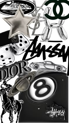 an image of assorted items with the word dior written below them in black and white