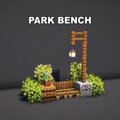 an image of a park bench made out of lego blocks with plants in the background