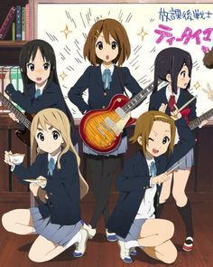 four girls in school uniforms are holding guitars